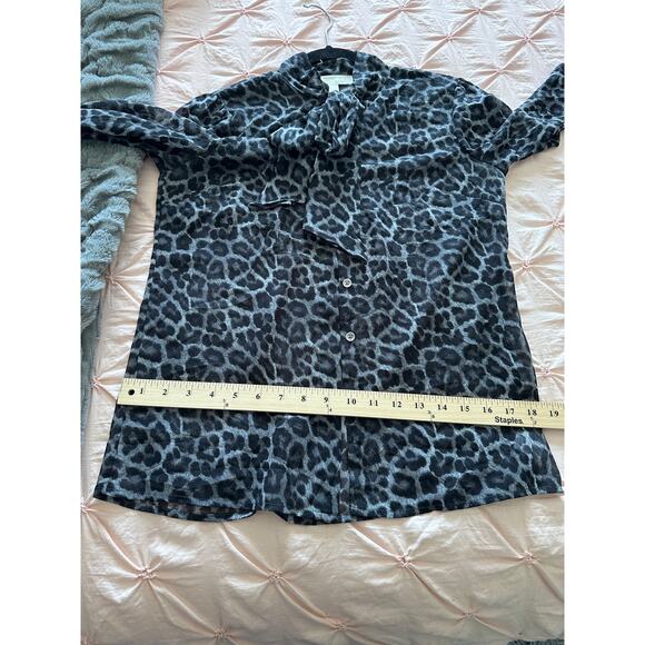 MICHAEL Michael Kors Womens Top Blouse Animal Print Bow Semi-Sheer Gray Black S - Picture 5 of 8